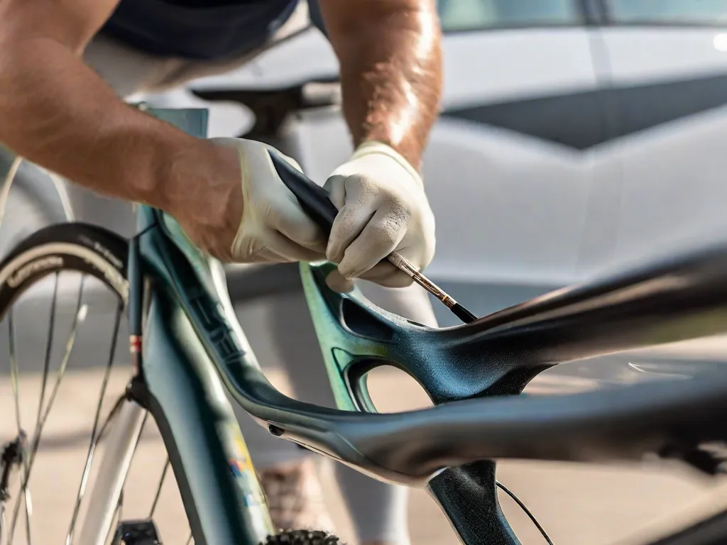 Nesta imagem, um ciclista é visto aplicando uma camada de primer no quadro de sua bicicleta. O ciclista segura cuidadosamente um pincel, deslizando suavemente sobre a superfície do quadro, preparando-o para uma nova camada de tinta. O primer cria uma base suave e durável, garantindo um acabamento impecável para a nova cor da bicicleta.