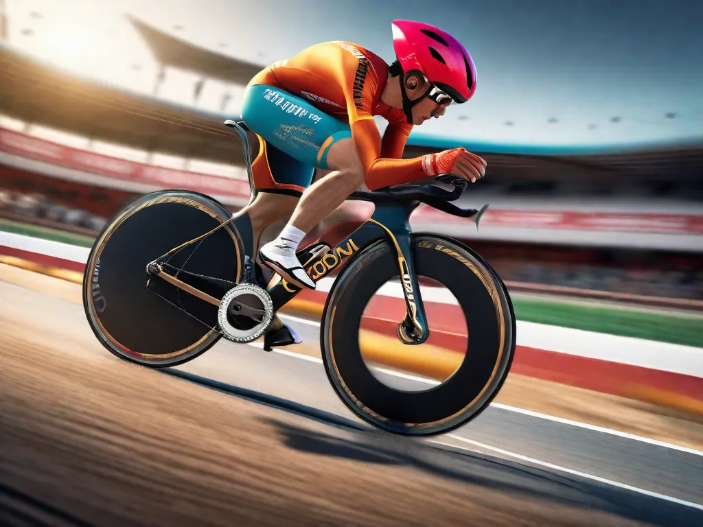 A pista do velódromo curva acentuadamente, com um ciclista concentrado em um capacete aerodinâmico e um traje de corrida vibrante, passando em alta velocidade em uma elegante bicicleta de pista de pinhão fixo, com as rodas zumbindo contra a superfície lisa de madeira.