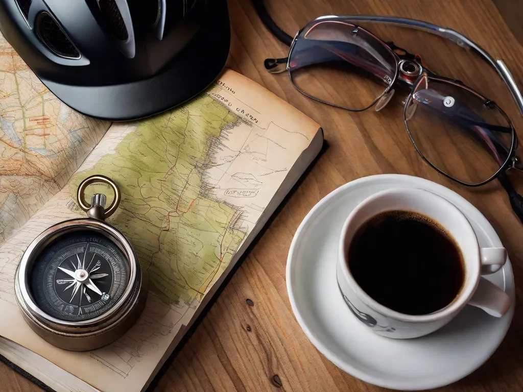Um close-up de um diário desgastado e aberto com um mapa de rota e uma bússola sobre uma mesa de madeira, ao lado de um capacete de ciclista, luvas e uma xícara de café fumegante, sugerindo a fase de planejamento de uma aventura de ciclismo.