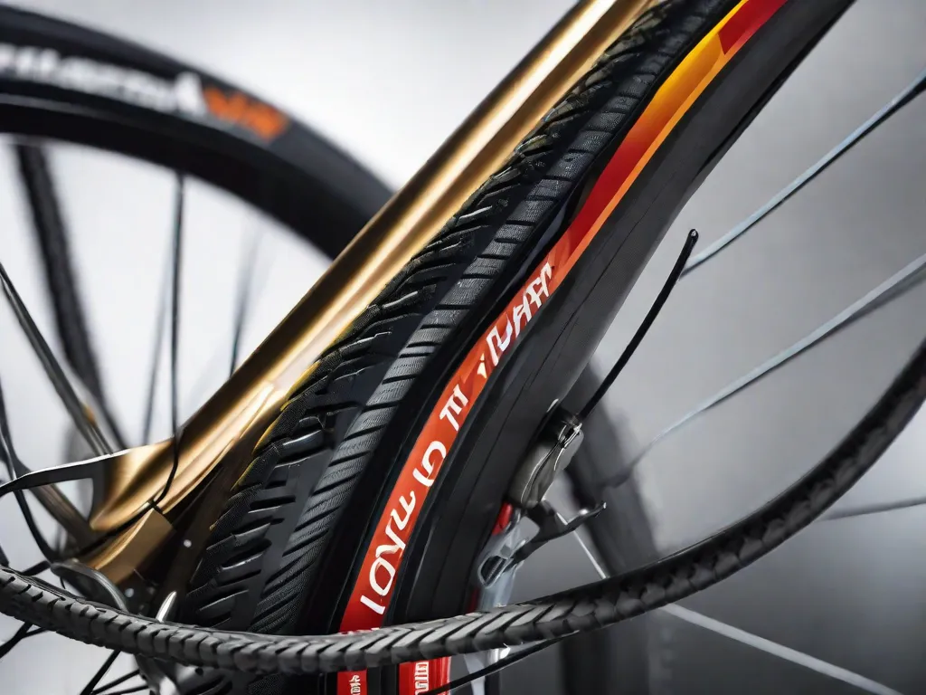 Uma imagem em close-up de um pneu de bicicleta com foco nítido no padrão da banda de rodagem, mostrando a alta qualidade do composto de borracha e a construção durável. A imagem captura a essência das marcas de alta qualidade que priorizam a longevidade e o desempenho em seus produtos.
