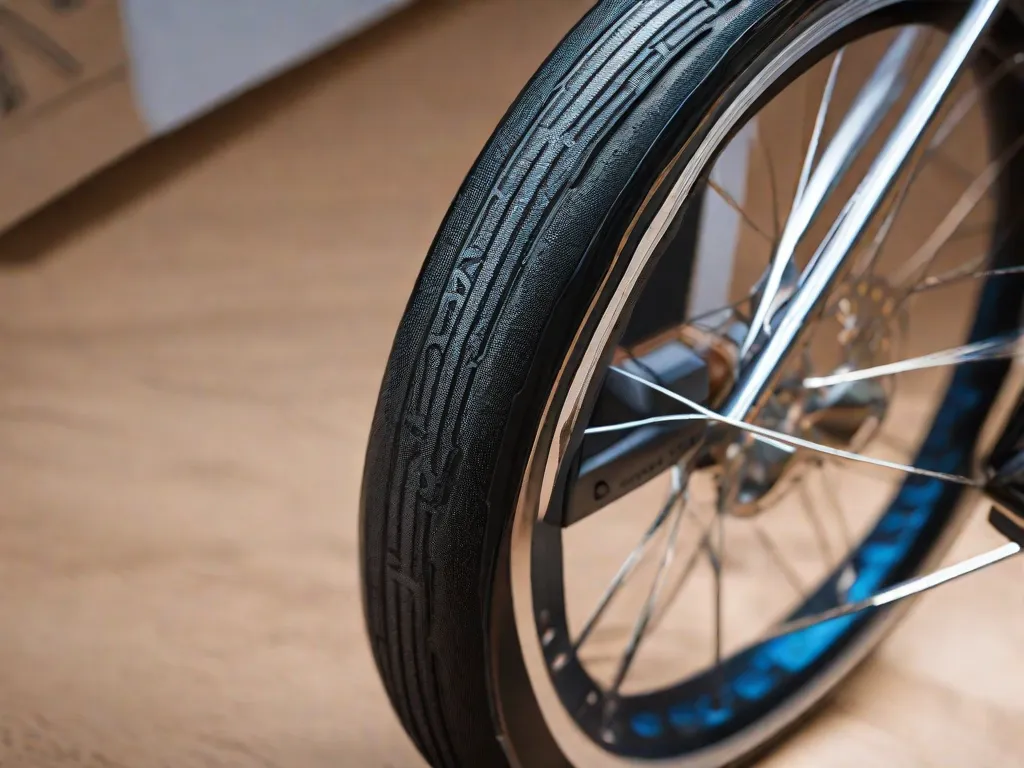 Close-up da roda de uma bicicleta com marcas claras indicando a marca, modelo e especificações. A imagem foca na lateral do pneu, mostrando os detalhes intricados e informações gravadas na superfície de borracha.