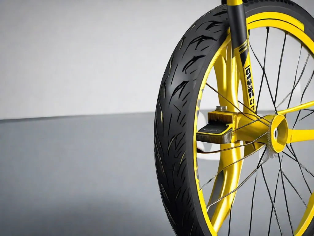 Descrição: Uma imagem em close-up de um pneu de bicicleta com um remendo amarelo brilhante aplicado em um pequeno furo. O remendo está colocado de forma organizada sobre o buraco, evitando qualquer vazamento de ar. Essa representação visual destaca a importância da manutenção adequada dos pneus e oferece dicas para evitar furos e vazamentos.