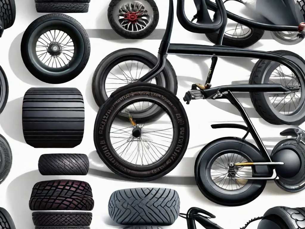 Uma imagem de close-up de uma variedade de pneus de bicicleta com diferentes padrões de banda de rodagem alinhados contra uma parede, exibindo opções para corridas de estrada, mountain biking e deslocamento urbano. Um kit de ferramentas para bicicleta e um capacete estão sutilmente colocados ao fundo.