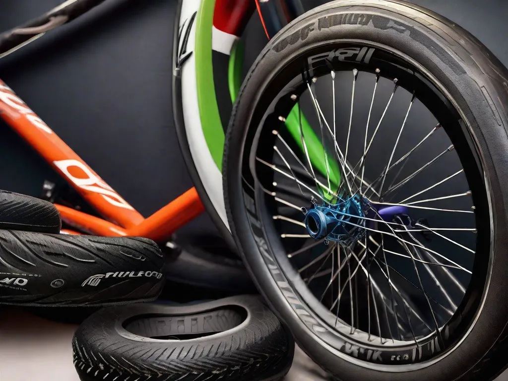 Uma imagem de close-up de uma variedade de pneus de bicicleta com diferentes padrões de banda de rodagem alinhados contra uma parede, exibindo opções para corridas de estrada, mountain biking e deslocamento urbano. Um kit de ferramentas para bicicleta e um capacete estão sutilmente colocados ao fundo.