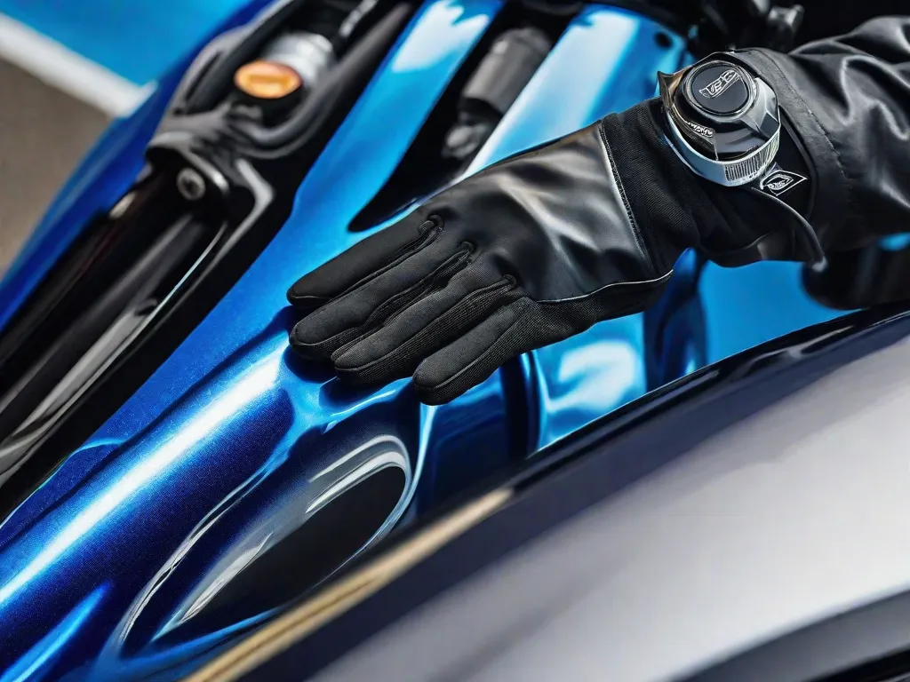 Uma imagem em close-up das mãos de uma pessoa usando luvas, segurando uma politriz de dupla ação na superfície metálica azul vibrante do tanque de combustível de uma moto, com redemoinhos de creme polidor criando um brilho lustroso. Ao fundo, há latas de tinta e uma oficina bem iluminada.