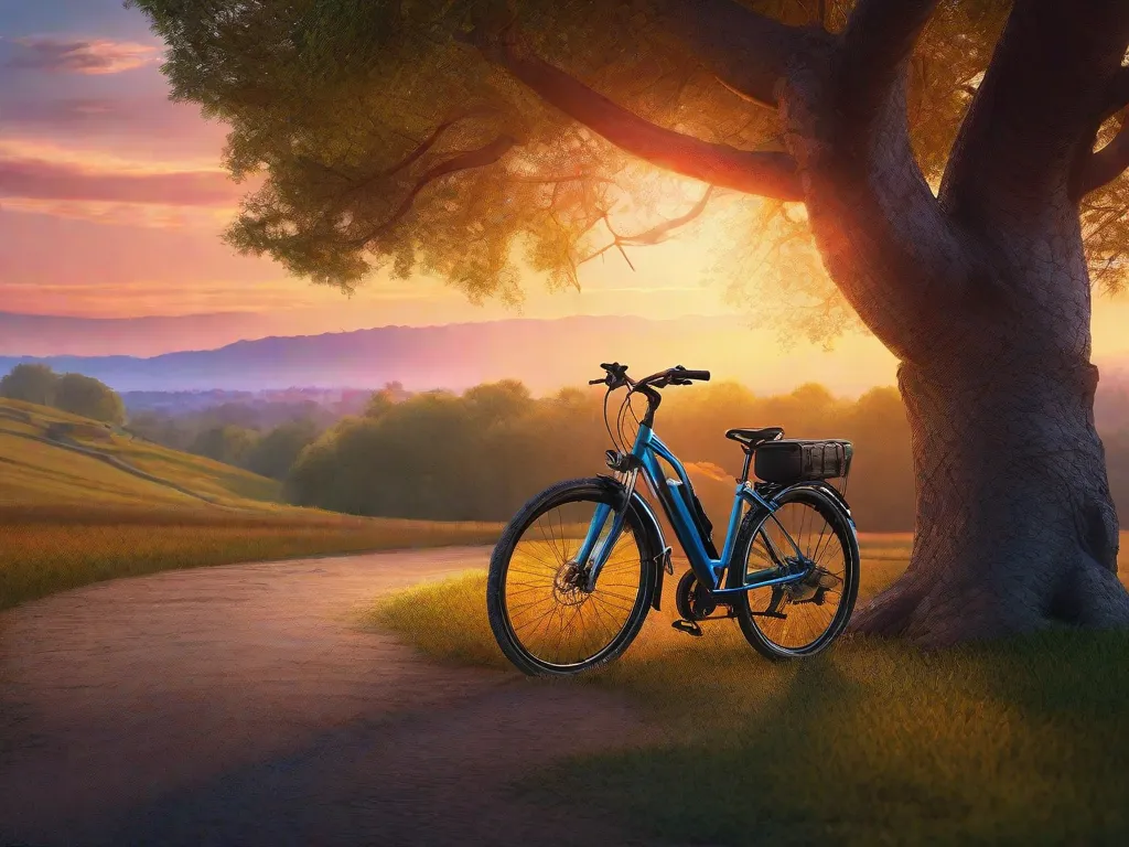 Descrição da imagem: Um pôr do sol vibrante lança um brilho quente sobre uma paisagem serena. Uma bicicleta solitária está estacionada contra uma árvore, simbolizando sonhos e aspirações. A imagem evoca uma sensação de liberdade, aventura e busca por objetivos.