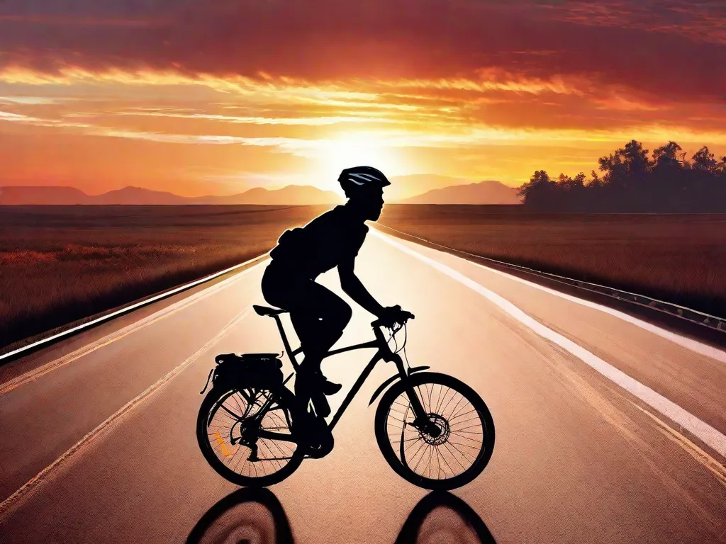 Descrição da imagem: Um céu vibrante ao pôr do sol serve como pano de fundo para a silhueta de um ciclista pedalando ao longo de uma estrada aberta. Os braços estendidos do ciclista e o cabelo esvoaçante capturam a sensação de liberdade e autonomia que vem com a simples alegria de andar de bicicleta.
