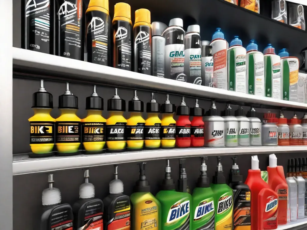 Uma prateleira organizada exibindo uma variedade de lubrificantes para bicicletas. Garrafas com bicos de precisão e latas de aerossol mostram rótulos claros, indicando a adequação para correntes, cabos e engrenagens. Um pano limpo e um par de luvas de mecânico estão ao lado dos produtos, prontos para tarefas de manutenção.