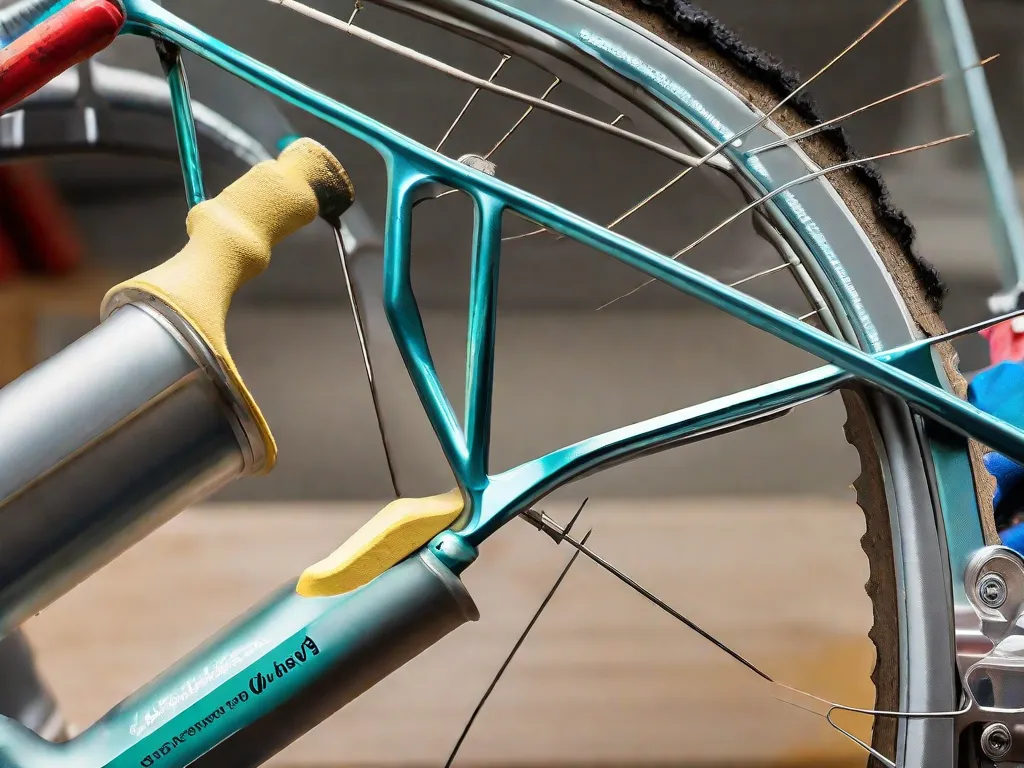 Descrição da imagem: Um close-up de um quadro de bicicleta sendo preparado para pintura. O quadro está sem sua cor original, com marcas de lixa visíveis. Uma pessoa usando luvas de proteção está aplicando uma camada de primer de maneira uniforme no quadro, usando um pincel. A cor vibrante do primer contrasta com a opacidade do quadro sem pintura.