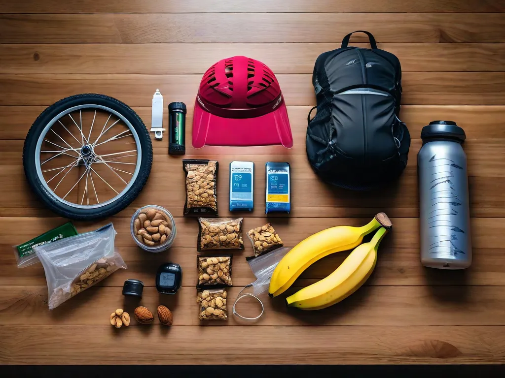 Uma variedade de barras de energia, bananas, mix de nozes e um pacote de hidratação dispostos sobre uma mesa de madeira, com um capacete de bicicleta ao lado e uma bicicleta de estrada ao fundo, sugerindo a preparação para uma jornada de ciclismo de longa distância.