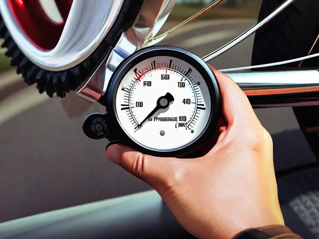Descrição da imagem: Um close-up de uma mão segurando um medidor de pressão contra um pneu de bicicleta. O medidor mostra a leitura da pressão, indicando a importância de verificar regularmente e manter a pressão adequada dos pneus para um desempenho e segurança ótimos.