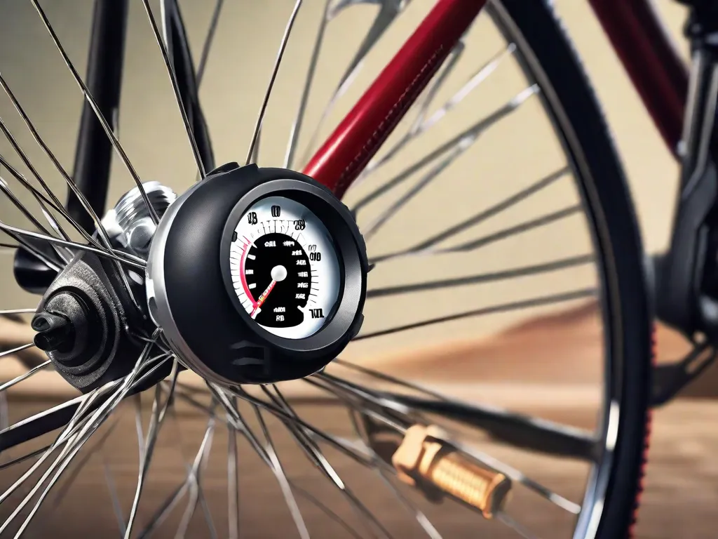 Uma imagem em close-up de uma mão segurando um medidor de pressão de pneus contra um pneu de bicicleta. O medidor mostra a pressão correta dos pneus, enfatizando a importância da inflação adequada dos pneus para um desempenho, segurança e eficiência ideais durante a pedalada.