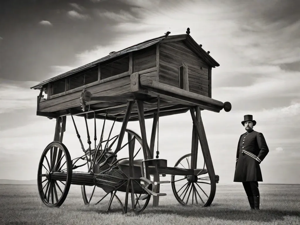 Na imagem, uma fotografia vintage em preto e branco captura uma cena histórica grandiosa. Uma estrutura de madeira com duas rodas grandes e um quadro de madeira se destaca com orgulho, representando a primeira bicicleta do mundo. A elaborada habilidade artesanal e a simplicidade do design mostram a engenhosidade e o espírito pioneiro de seu criador.
