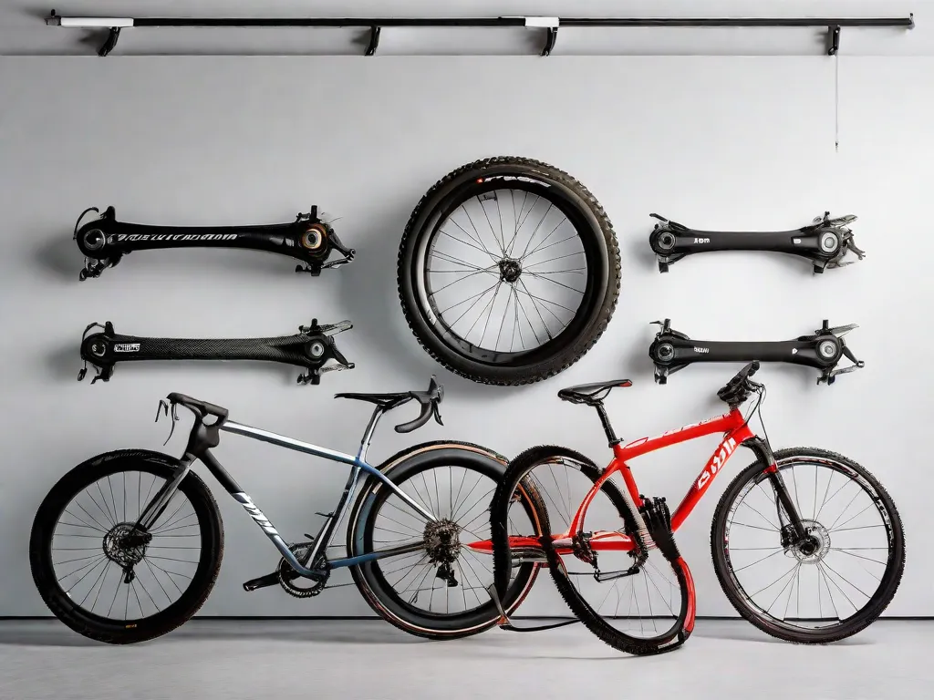 Uma variedade de quadros de bicicletas vazios alinhados contra uma parede branca, cada um progressivamente maior, destacando a importância de encontrar o tamanho certo de bicicleta para conforto e desempenho ótimos. Uma fita métrica está drapeada sobre um quadro, enfatizando a precisão no dimensionamento.