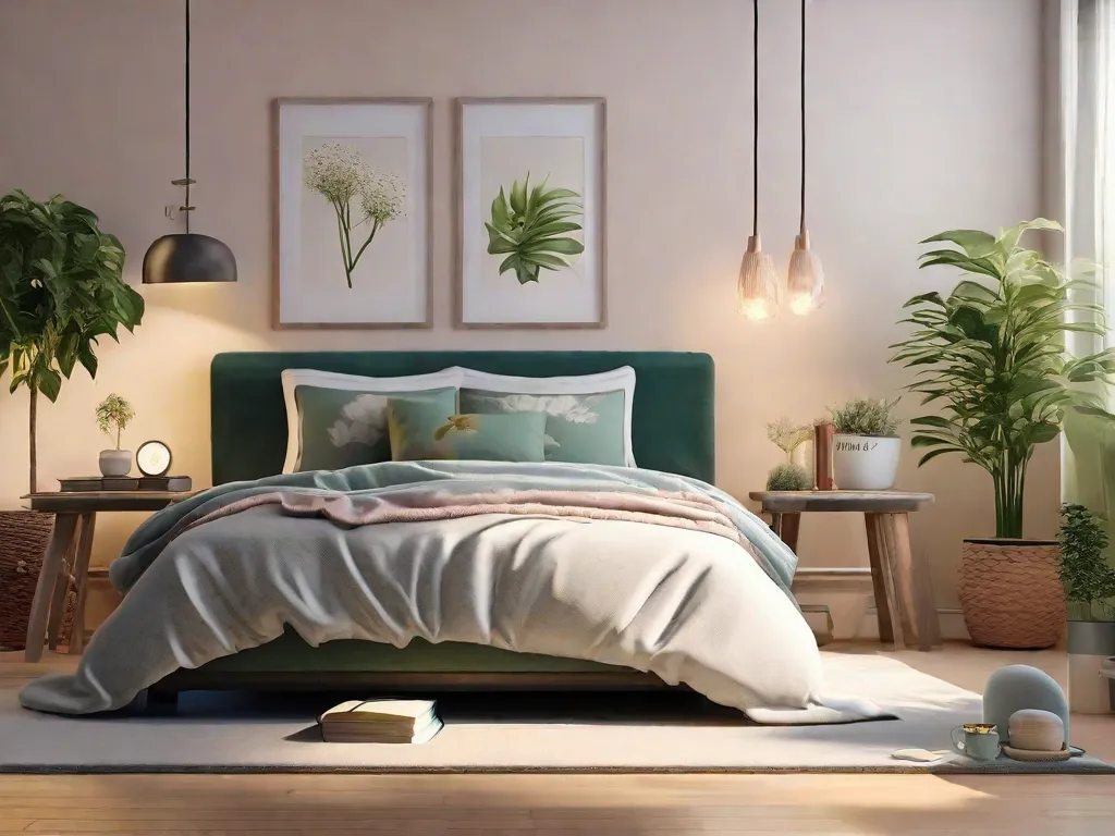 Descrição da imagem: Uma cena serena de um quarto com iluminação suave e ambiente tranquilo. Uma cama aconchegante é adornada com travesseiros confortáveis e uma manta fofa. Uma mesa de cabeceira segura um livro e uma xícara de chá de ervas. O quarto é decorado com cores tranquilizadoras e plantas, criando uma atmosfera pacífica que promove