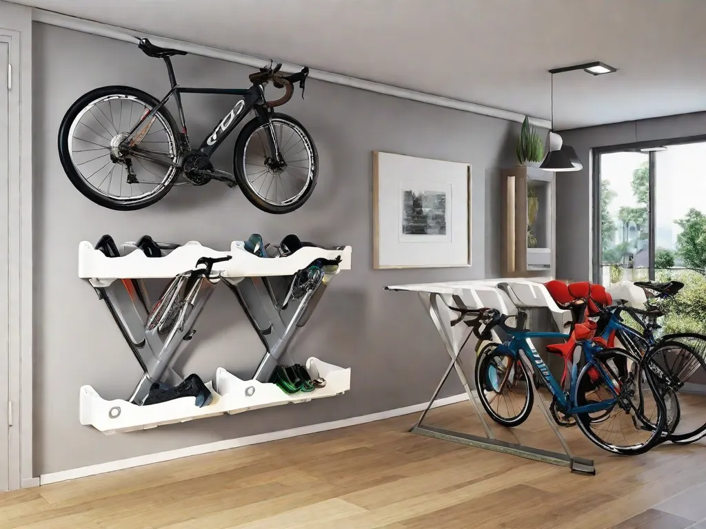 Descrição: Um suporte de armazenamento de bicicletas elegante e moderno está fixado na parede, exibindo seu design inovador. O suporte possui ganchos ajustáveis e compartimentos, permitindo o uso eficiente do espaço e armazenamento organizado das bicicletas. As bicicletas estão posicionadas de forma ordenada, criando um ambiente visualmente atraente e livre de bagunça.