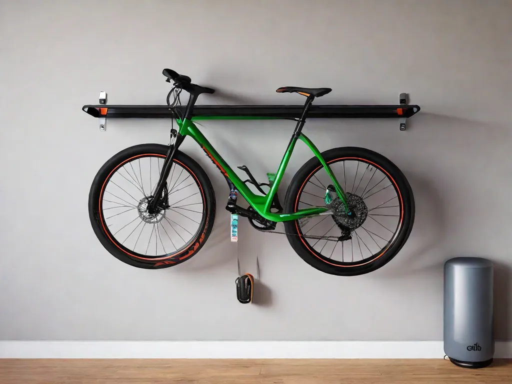 Um suporte para bicicletas compacto, montado na parede, com ganchos ajustáveis e um design dobrável, permitindo que as bicicletas sejam armazenadas verticalmente em espaços pequenos. A imagem mostra um suporte elegante e minimalista, com uma estrutura de metal preta, segurando duas bicicletas com segurança contra uma parede de tijolos brancos.