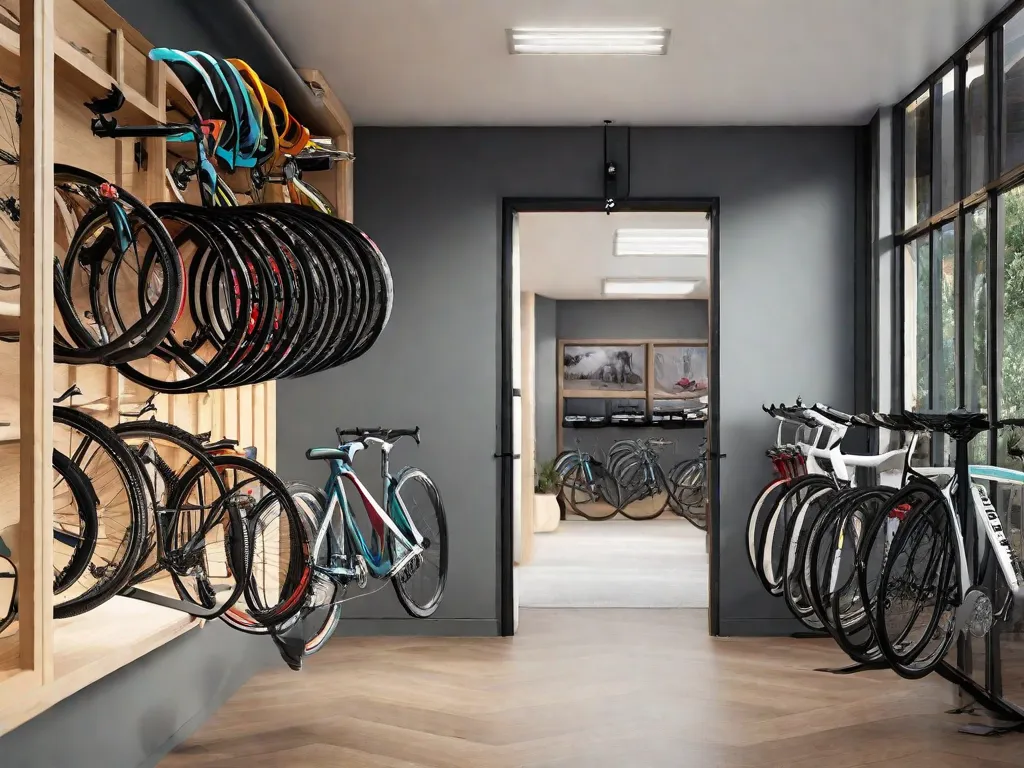 Descrição da imagem: Uma solução de armazenamento de bicicletas organizada e que economiza espaço. A imagem mostra um suporte para bicicletas montado na parede com vários ganchos, permitindo que as bicicletas sejam penduradas verticalmente. As bicicletas são organizadas de forma a maximizar o espaço, criando uma área livre de bagunça e organizada.
