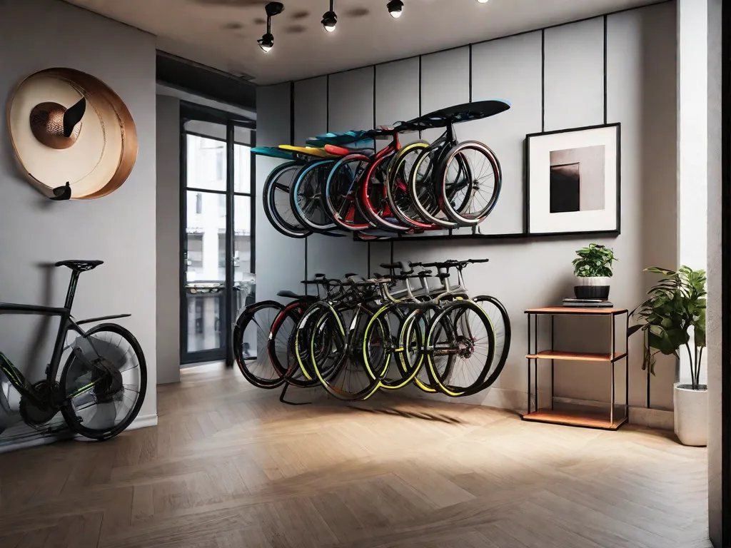 Descrição da imagem: Uma solução de armazenamento de bicicletas elegante e moderna em um pequeno apartamento. A imagem mostra um suporte vertical para bicicletas montado na parede com vários espaços, segurando várias bicicletas de forma organizada. As bicicletas estão posicionadas verticalmente, permitindo o uso eficiente do espaço e criando uma exibição visualmente atraente.