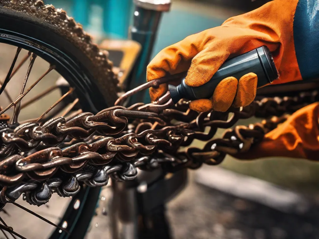 Uma imagem em close-up de uma corrente de bicicleta enferrujada sendo tratada com uma solução removedora de ferrugem. A corrente está sendo gentilmente esfregada com uma escova de arame, mostrando a técnica eficaz para remover a ferrugem das bicicletas. As cores vibrantes do quadro da bicicleta ao fundo contrastam com a corrente enferrujada, enfatizando