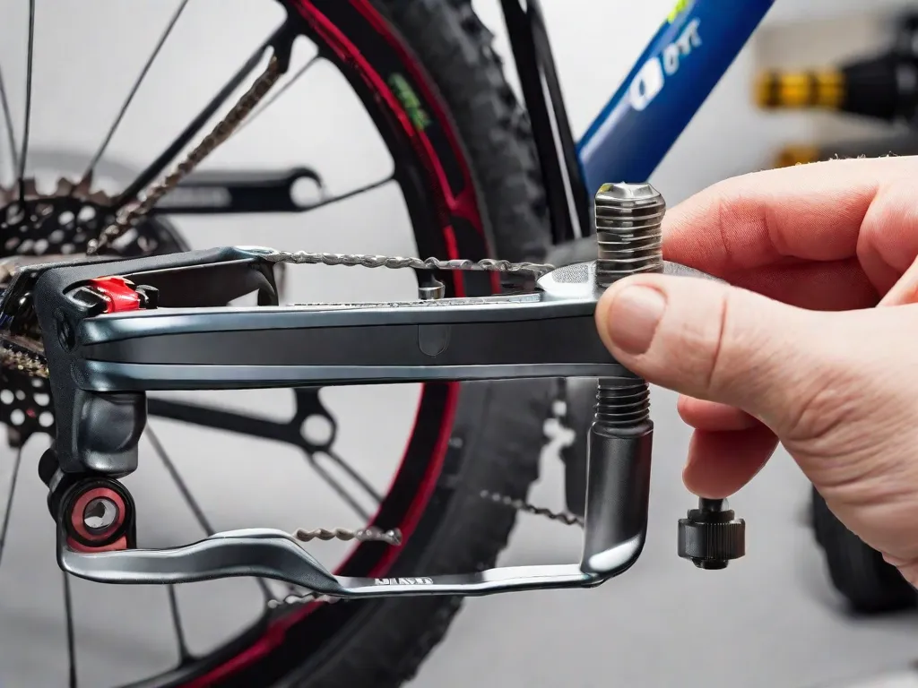 Descrição da imagem: Um close-up de um pedal de bicicleta sendo desparafusado do braço da manivela usando uma chave de pedal. A imagem mostra o processo passo a passo de remoção do pedal direito, destacando a aderência da ferramenta na superfície plana do pedal e o movimento no sentido anti-horário aplicado para afrouxá-lo.