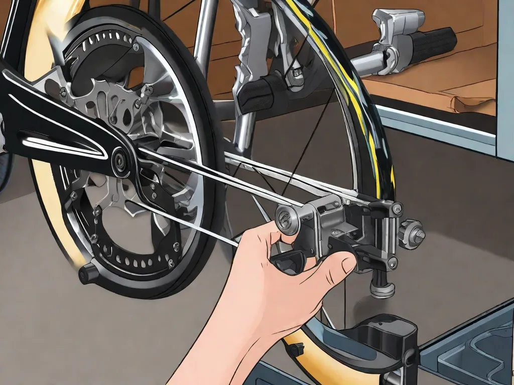 Descrição da imagem: Um close-up de uma chave de pedal de bicicleta sendo usada para soltar o pedal do braço da manivela. As mãos focadas de uma pessoa são vistas no quadro, demonstrando o processo passo a passo de remover os pedais. O fundo mostra uma oficina de bicicletas bem organizada, com várias ferramentas e peças de reposição arrumadas em prateleiras.