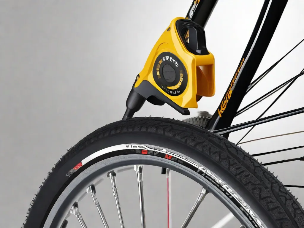 Uma imagem de perto de um pneu de bicicleta com um furo visível sendo selado por um kit de reparo para pneus sem câmara. O selante está sendo aplicado, e a pequena ferramenta de inserção é visível com uma tira de borracha passada por ela, tapando o buraco no piso do pneu.