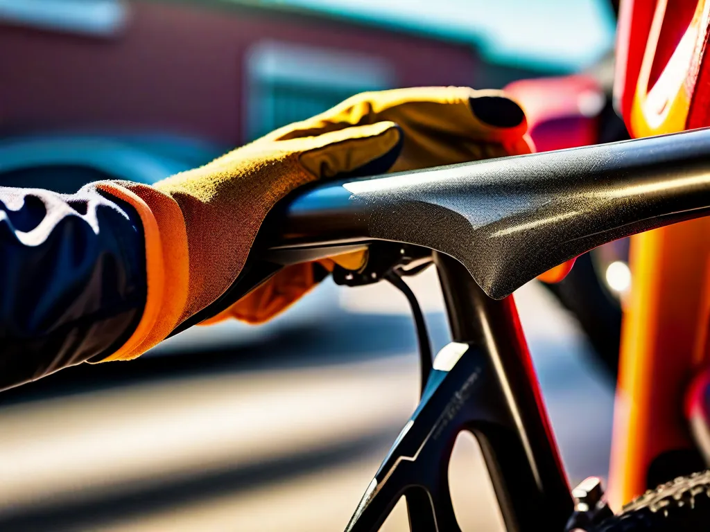 Descrição da imagem: Um close-up de uma mão enluvada de uma pessoa lixando suavemente a ferrugem de um quadro de bicicleta usando uma lixa de grão fino. A luz do sol reflete na superfície metálica lisa, revelando o brilho restaurado e removendo quaisquer sinais de corrosão.