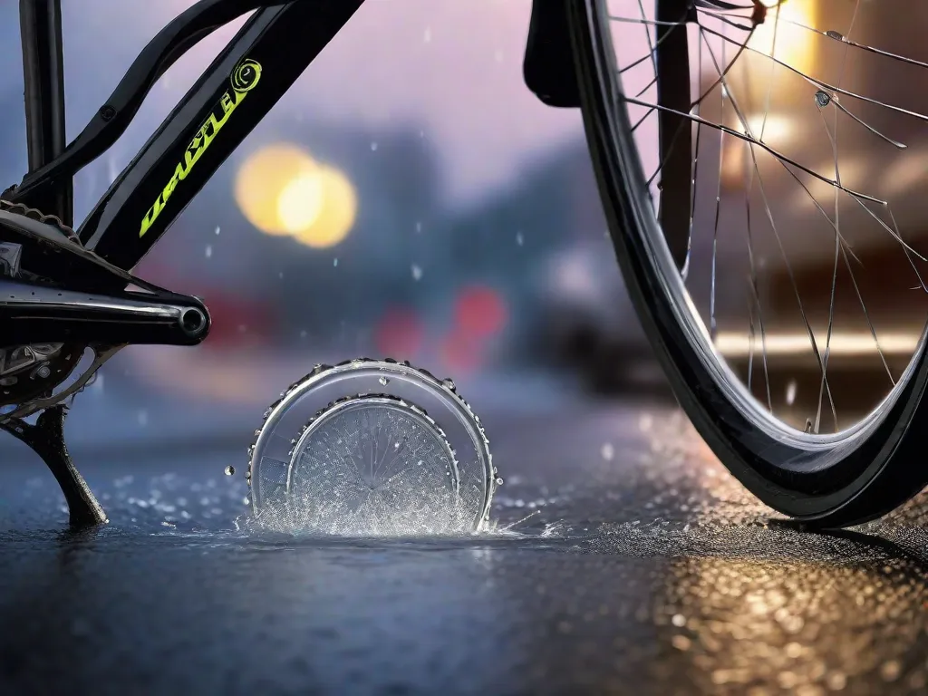 Uma imagem de close-up de uma roda de bicicleta com gotas de água agarradas aos raios, contra um fundo de uma rua chuvosa e desfocada. As luzes da bicicleta estão acesas, iluminando um caminho através da estrada molhada à frente.