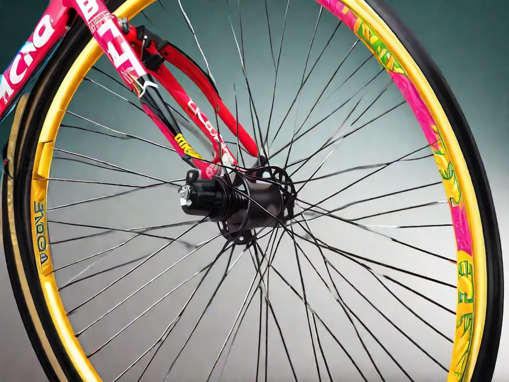 Descrição da imagem: Um close-up de uma roda de bicicleta com cores vibrantes. Os raios formam a palavra