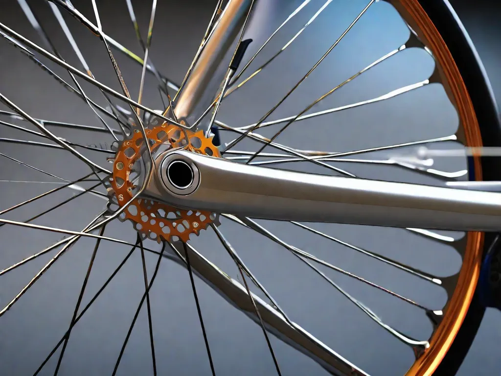 Descrição da imagem: Um close-up de uma roda de bicicleta, mostrando as intricidades do aro. A imagem destaca a importância de cuidar e manter o aro da bicicleta, com detalhes visíveis como tensão dos raios, pressão dos pneus e técnicas adequadas de limpeza.