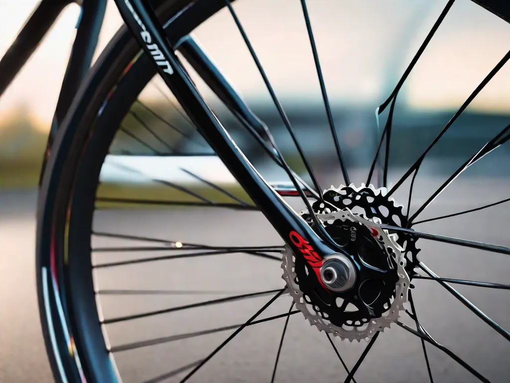 Uma imagem em close-up de uma roda de bicicleta elegante, destacando sua durabilidade e resistência. A imagem mostra a importância de atributos como materiais leves, design aerodinâmico e componentes confiáveis, todos contribuindo para uma experiência de ciclismo ideal.
