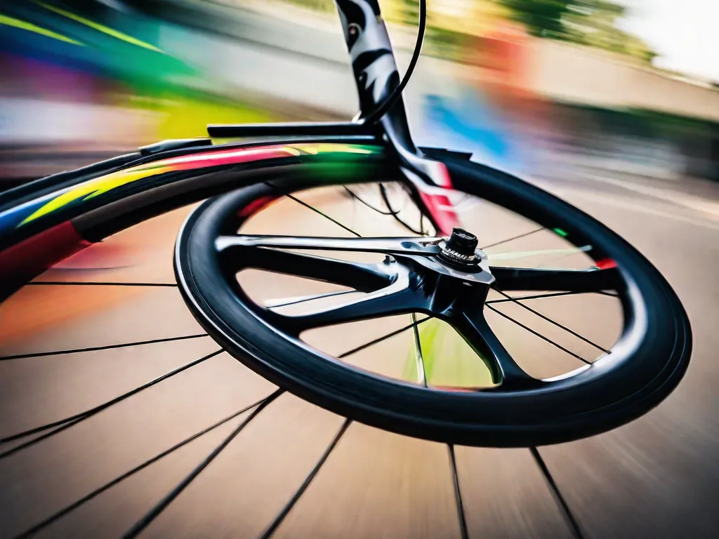 Uma imagem em close-up de uma roda de bicicleta vibrante girando rapidamente, capturando a energia e o momento do ciclismo. O fundo desfocado significa a natureza acelerada do esporte, enquanto os raios coloridos simbolizam a diversidade e a inclusão da comunidade ciclística.