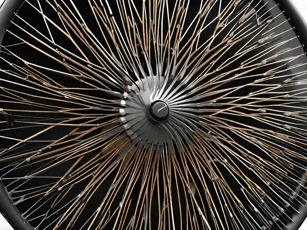 Uma imagem em close-up de uma roda de bicicleta, com seus raios irradiando para fora, exibindo os padrões intricados e medidas. A imagem captura a precisão e engenharia por trás do design da roda, simbolizando o equilíbrio perfeito entre forma e função no ciclismo.