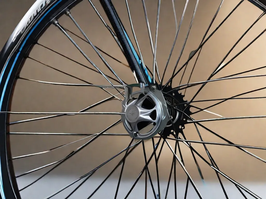 Descrição da imagem: Um close-up de uma roda de bicicleta mostrando sua aro resistente e bem construído. Os raios metálicos se estendem do cubo até o aro, enfatizando a importância da estrutura da roda para manter o equilíbrio, estabilidade e desempenho geral durante um passeio de bicicleta.
