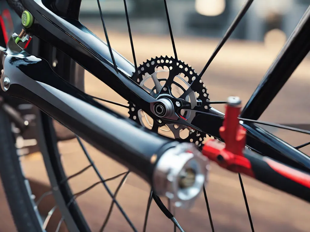 Descrição da imagem: Um close-up de uma roda de bicicleta com um sistema de freio a disco. A imagem mostra uma mão segurando uma chave Allen, ajustando o calibrador do freio para alinhá-lo perfeitamente com o disco. O foco está nos detalhes mecânicos intricados e na precisão necessária para um ajuste adequado.