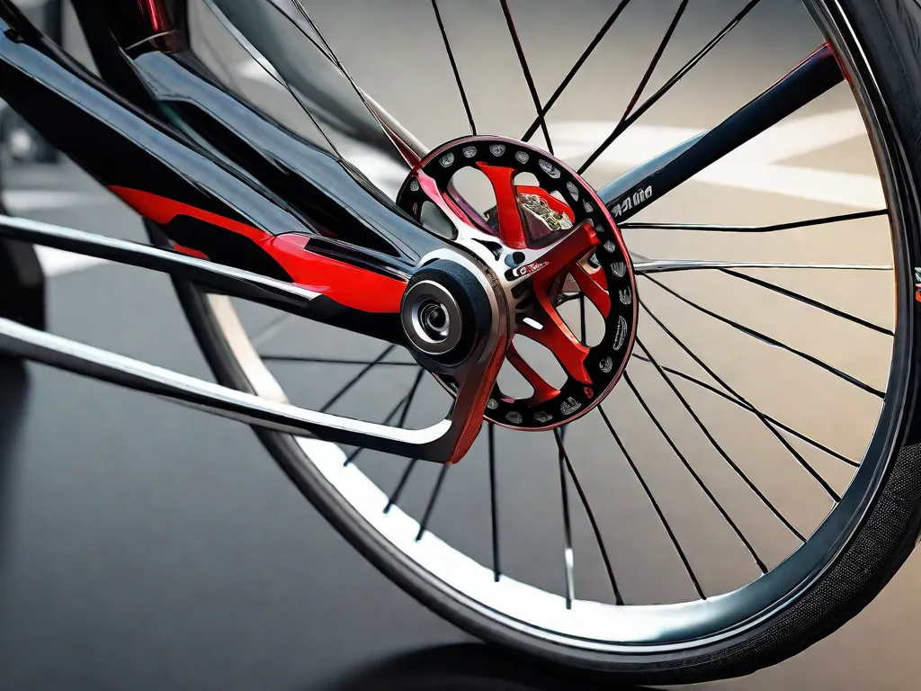 Uma imagem em close-up de uma roda de bicicleta elegante, mostrando a largura da borda. A borda é larga, indicando a importância da largura da borda em melhorar o desempenho. A imagem destaca o design aerodinâmico e sugere uma maior estabilidade e controle durante os passeios.