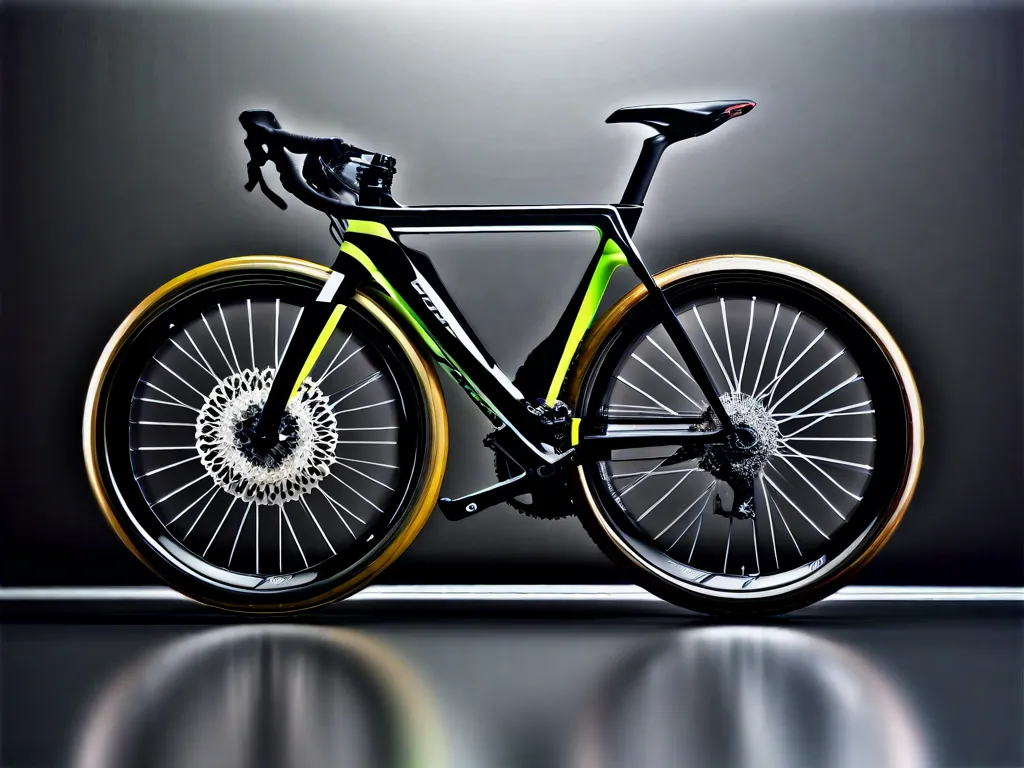 Imagem em close-up de uma roda de bicicleta mostrando a variedade de materiais utilizados na fabricação das rodas. Aço, alumínio, fibra de carbono e titânio estão entre os materiais exibidos, representando as diferentes opções disponíveis para ciclistas em busca de melhor desempenho e durabilidade.