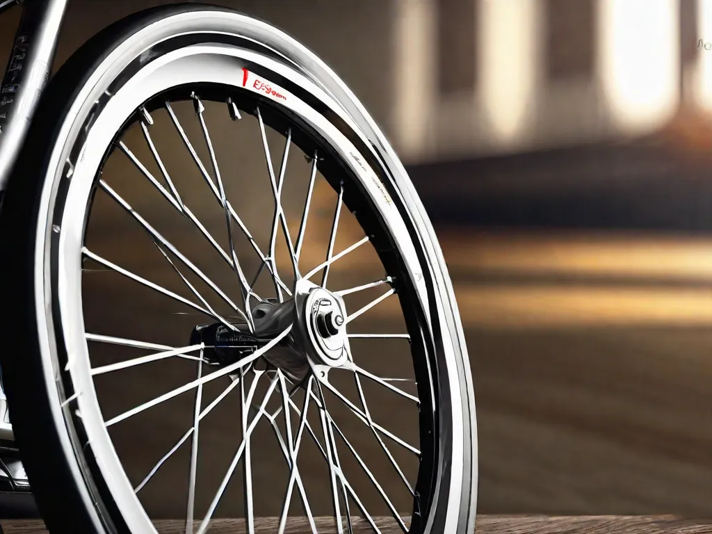 Descrição da imagem: Um close-up de uma roda de bicicleta, com o foco na borda. A borda está marcada com números indicando o tamanho da roda, e há uma fita métrica envolta na borda para demonstrar como medir o diâmetro com precisão.