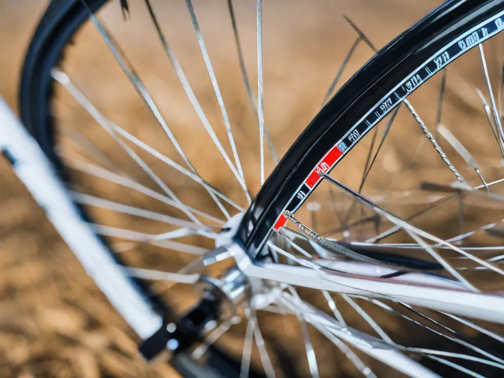 Descrição da imagem: Um close-up de uma roda de bicicleta com uma fita métrica enrolada ao redor da borda. A fita mostra a medida em polegadas ou centímetros, indicando o tamanho da roda da bicicleta. A imagem destaca o processo de identificação do tamanho da roda da bicicleta por meio da medição precisa do seu diâmetro.