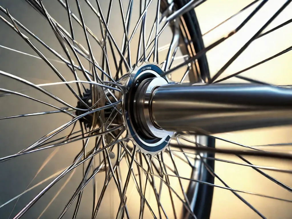 Uma imagem em close-up de uma roda de bicicleta, mostrando os padrões intricados formados pelos raios e o movimento dinâmico da roda girando. A imagem captura a essência de velocidade, liberdade e a harmonia entre a tecnologia e a natureza.
