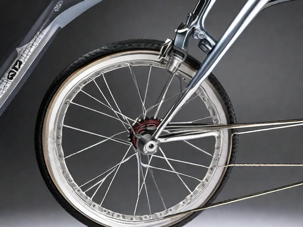 Uma imagem de um close-up de uma roda de bicicleta, mostrando a precisão e importância das medidas das rodas. O foco está nos raios, cubo e aro, destacando os detalhes intricados que contribuem para um passeio suave e eficiente.