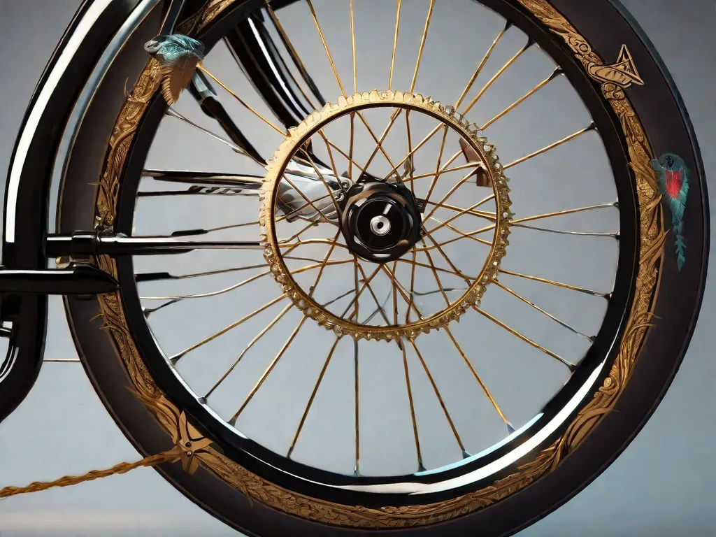 Uma imagem em close-up de uma roda de bicicleta com vários símbolos dos sonhos integrados nos raios. Cada raio representa um símbolo diferente, como uma chave, uma pena, uma estrela e um coração. Essa imagem representa visualmente a exploração dos símbolos dos sonhos em relação ao ciclismo.