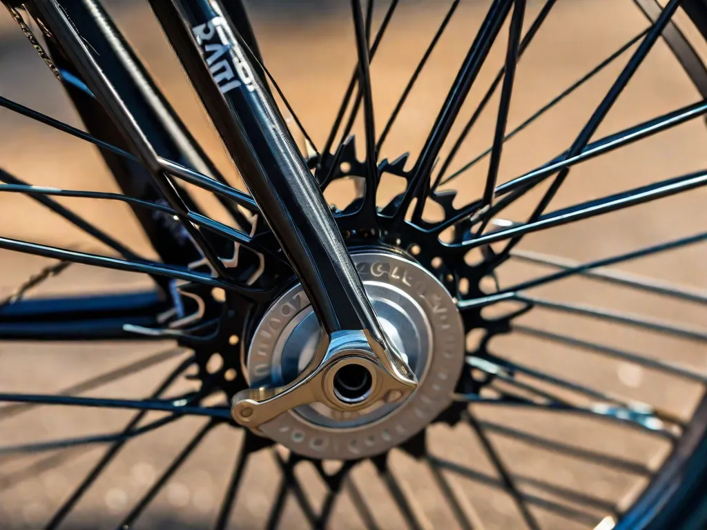 Uma imagem em close-up de uma roda de bicicleta com raios de sol atravessando os raios, destacando os padrões intricados criados pelas sombras sobrepostas. A imagem captura a beleza e precisão do design da roda, simbolizando o equilíbrio e movimento inerentes ao ciclismo.