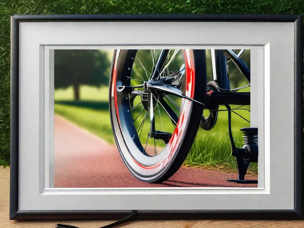 Descrição da imagem: Um close-up de uma roda de bicicleta girando em um treinador estacionário com um cenário sereno ao ar livre ao fundo. As pernas do ciclista estão em movimento, mostrando a determinação e comprometimento necessários para começar uma jornada de treinamento de ciclismo.