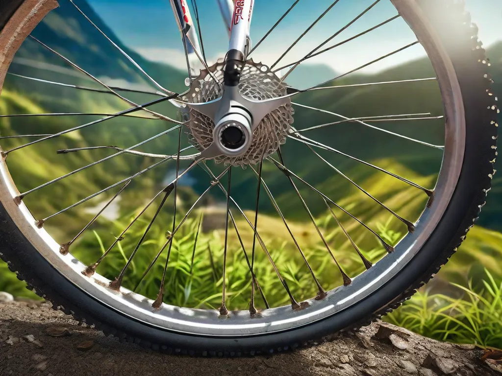 Descrição da imagem: Um close-up de uma roda de bicicleta descansando em uma trilha de montanha cênica. Os raios da roda estão cobertos de lama, indicando um passeio desafiador e aventureiro. O cenário mostra vistas deslumbrantes de colinas verdes exuberantes e um céu azul claro, simbolizando as recompensas e a beleza de explorar a