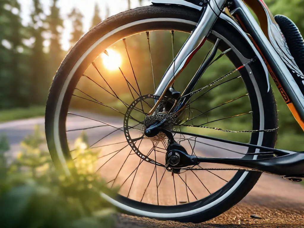 Uma imagem em close de uma roda de bicicleta com uma trilha florestal desfocada ao fundo, capturando a essência de uma aventura de ciclismo. O sol nascente espreita por entre as árvores, criando um brilho quente e inspirador no caminho à frente.