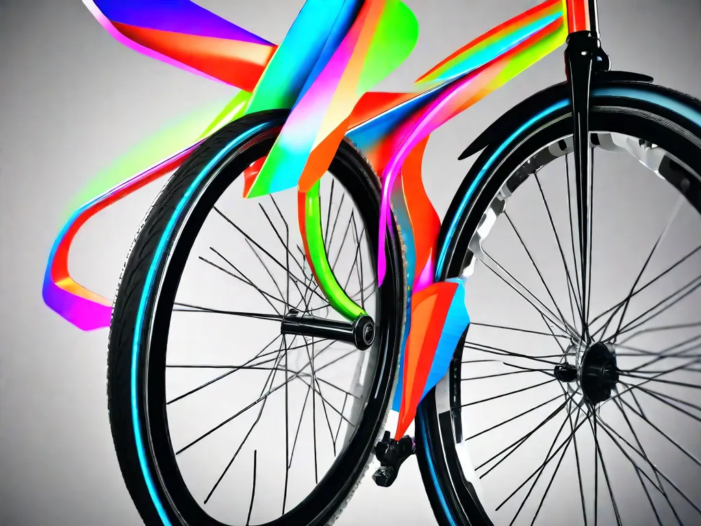 A imagem mostra um close-up de uma roda de bicicleta elegante, com raios vibrantes e um aro preto brilhante. Os detalhes da roda são realçados, incluindo o padrão intricado dos raios e a suavidade do pneu. Ela transmite uma sensação de velocidade e precisão, atraindo entusiastas de bicicletas para explorar o mundo em duas rod