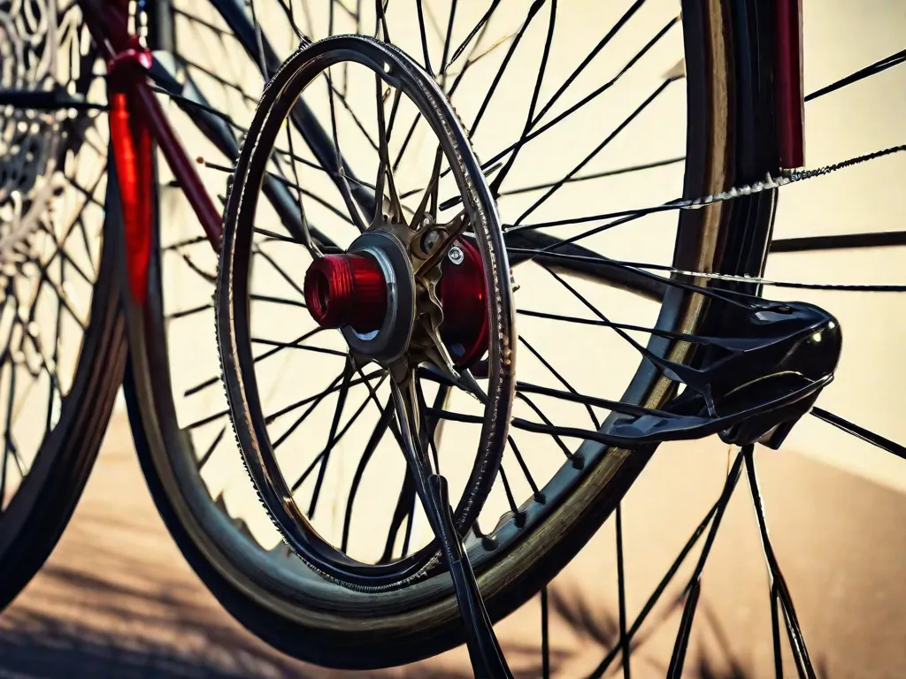 Descrição da imagem: Um close-up de uma roda de bicicleta vintage, mostrando os detalhes intricados dos raios, aro e pneu. A luz solar projeta uma sombra que adiciona profundidade à imagem, realçando a habilidade artesanal e a beleza da bicicleta.