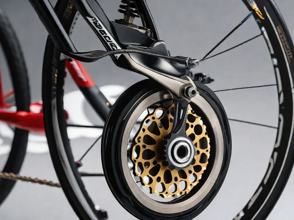 Uma imagem de uma visão ampliada da roda dianteira de uma bicicleta, mostrando as pinças de freio posicionadas perfeitamente alinhadas com o rotor de freio. A foto captura a precisão e atenção aos detalhes necessárias ao verificar e ajustar a posição das pinças de freio para um desempenho de frenagem ideal.